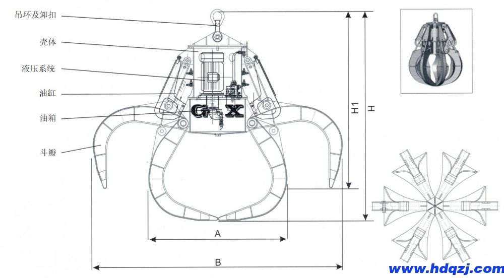 DYZ電動液壓多瓣抓斗外形尺寸圖 DYZ電動液壓多瓣抓斗外形尺寸圖
