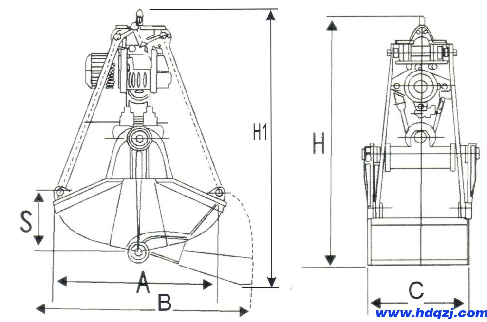 D型電動(dòng)馬達(dá)抓斗外形結(jié)構(gòu)示意圖 D型電動(dòng)馬達(dá)抓斗外形結(jié)構(gòu)示意圖
